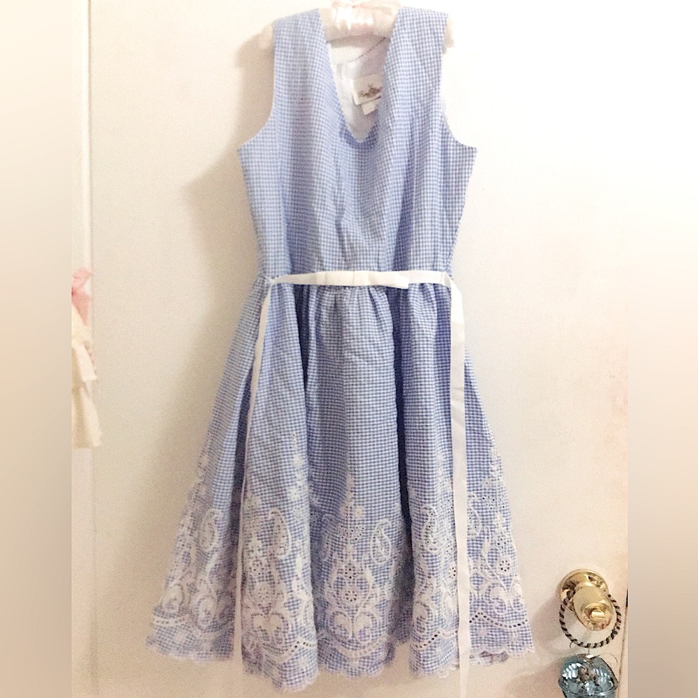 💖 Rare Editions Blue White Plaid Embroidered Girl Gingham Dress 14